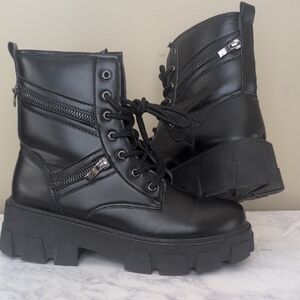 Olivia Miller Black Combat Boots with Zipper Detail